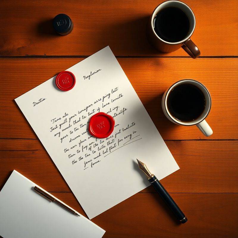 Birou minimalist editorial cu o scrisoare scrisă de mână, sigiliu de ceară coral și stilou cu cerneală nocturn