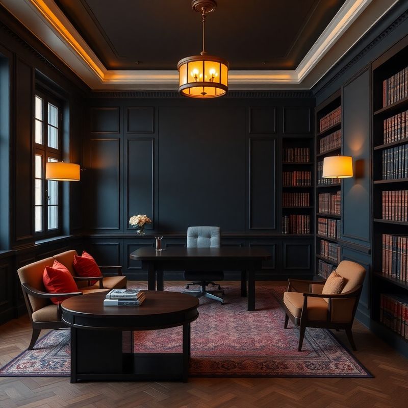 Interior editorial al biroului Studio Dumitru, cu pereți în nuanțe de nocturn și accente coral