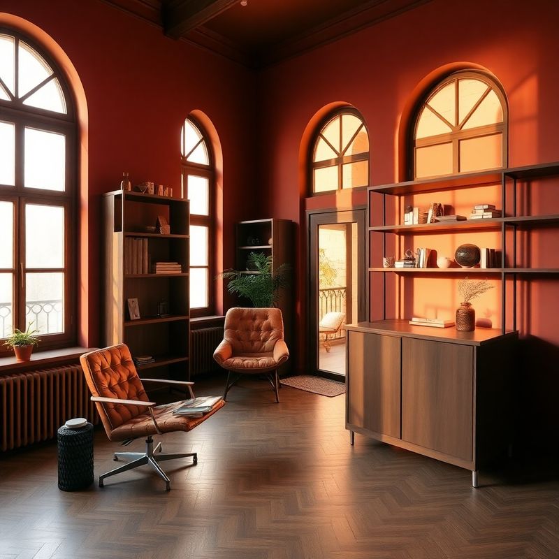Interior cald al biroului Studio Dumitru cu rafturi de lemn și fotoliu din piele, lumină aurie de după-amiază