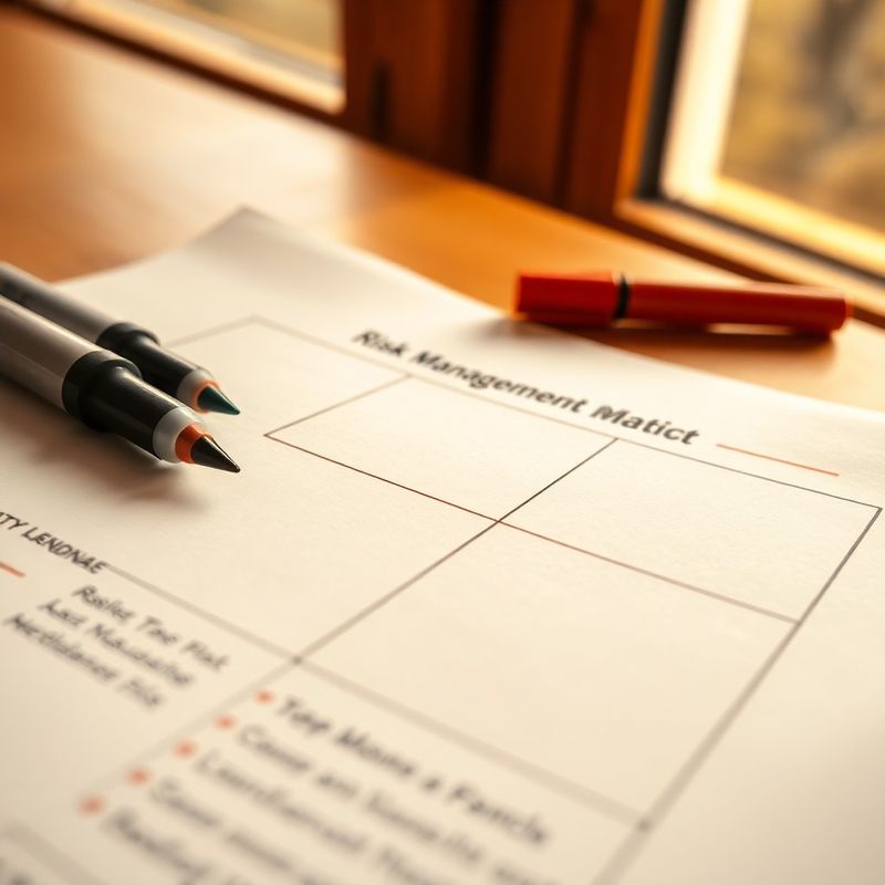 Matrice de management al riscului desenată manual cu cerneală nocturn și marcaje coral